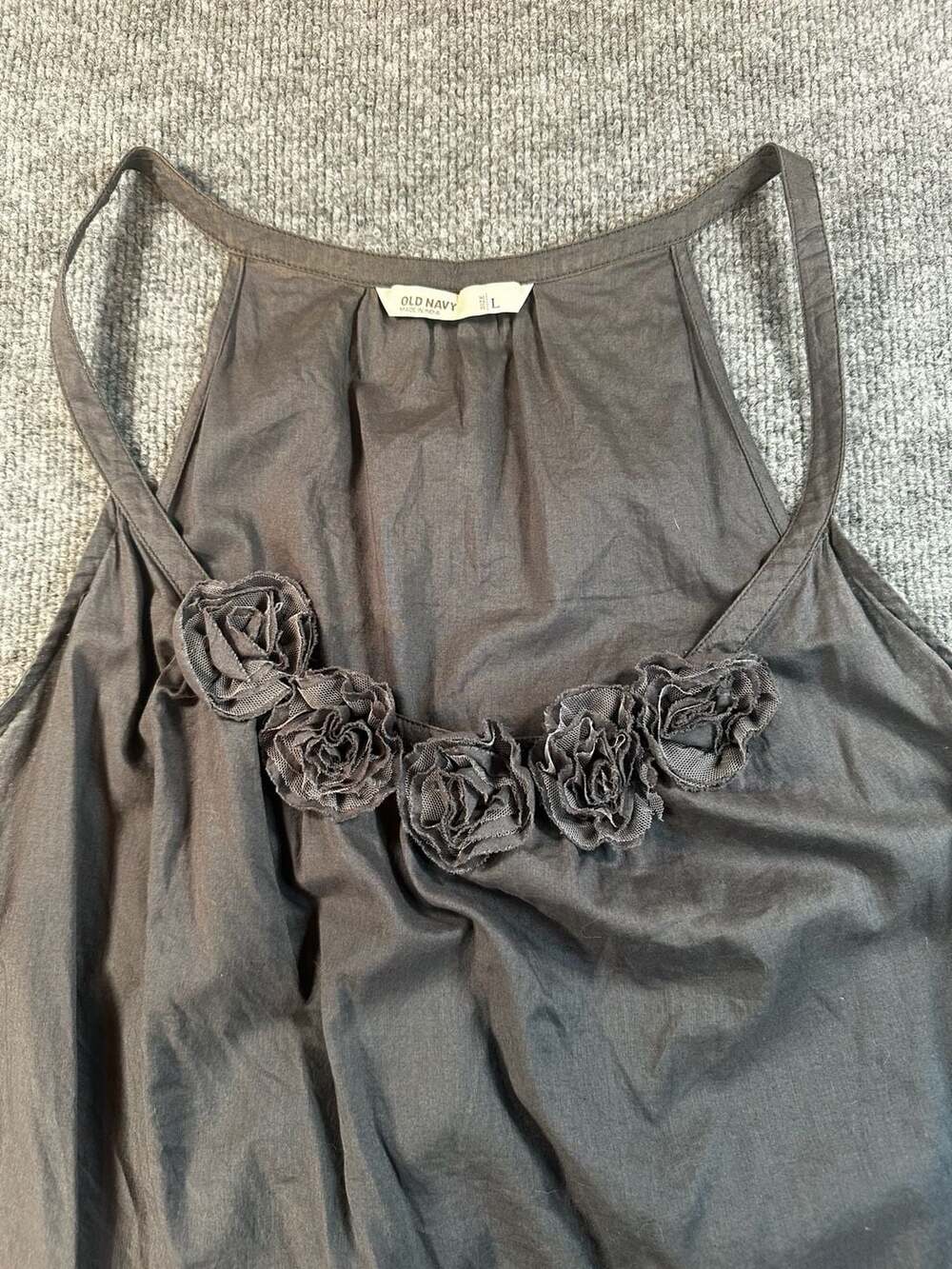 Sleeveless Cotton Tank Top, Mesh Rosettes Dark Grey Baggy Cottagecore Y2K Resort